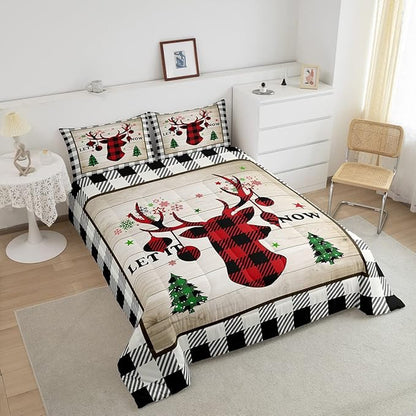 Christmas Plaid Comforter Set Twin Size,Red Black Reindeer Bedding for Kids Teens Adults Home Room Decor,Rustic Farmhouse Style Quilted Duvet Vintage Snowflake Pine Bedspread,1 Pillowcase