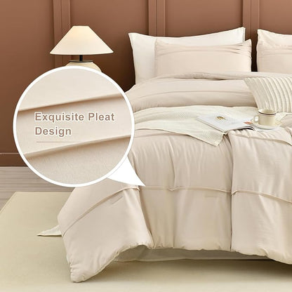 Masaca Oversized Comforter King Size(120"x120"),Soft Pinch Pleated Bedding Comforter Set,3 Pieces Wheat Colored California King Microfiber Boho Bedding Set for All Season