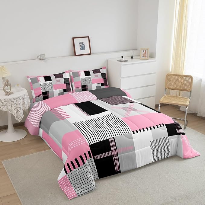 Erosebridal Pink Grey Girls Comforter Set Full Black White Abstract Bedding Set for Kids Teen Women Geometric Square Quilt Grids Checkered Duvet Insert Modern Fashion Room Decor 3 Pcs