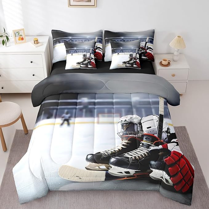 Feelyou Hockey Comforter Set King Size 7 Pcs Ice Hockey Comforter Bed in a Bag Winter Sports Bedding Set for Boys Girls Teens Hockey Lover Bed Set with Sheets, Pillowcases, Pillow Covers