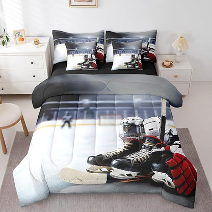 Feelyou Hockey Comforter Set King Size 7 Pcs Ice Hockey Comforter Bed in a Bag Winter Sports Bedding Set for Boys Girls Teens Hockey Lover Bed Set with Sheets, Pillowcases, Pillow Covers