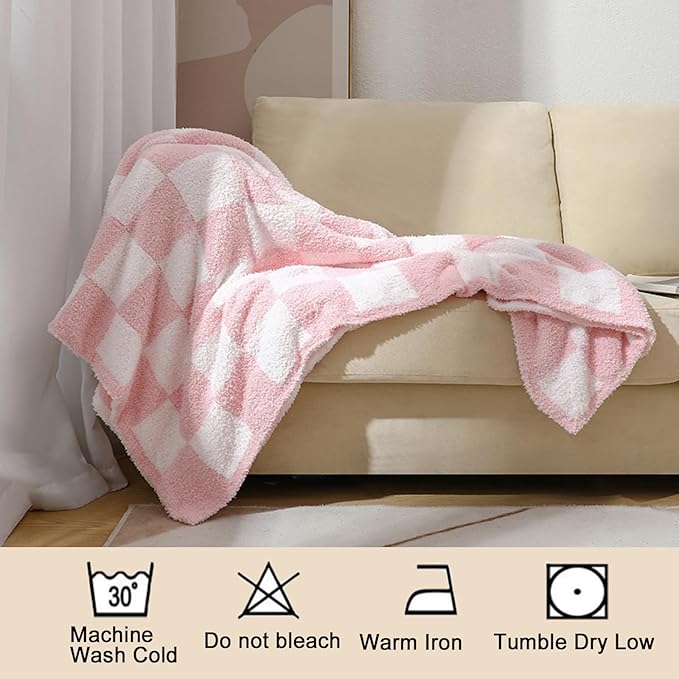 MorroMorn Checkered Throw Blanket for Couch, Pink Throw Blanket 2-Layers Soft Cozy Fleece Plaid Blankets Checkerboard Grid - Fluffy Fuzzy Warm for Sofa Chair Bed Home Decor Gifts, 50x60 inches