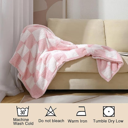 MorroMorn Checkered Throw Blanket for Couch, Pink Throw Blanket 2-Layers Soft Cozy Fleece Plaid Blankets Checkerboard Grid - Fluffy Fuzzy Warm for Sofa Chair Bed Home Decor Gifts, 50x60 inches