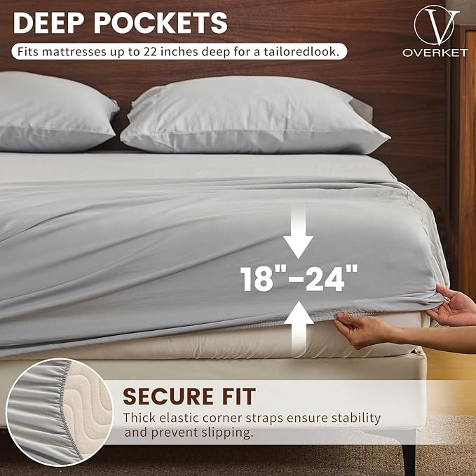 100% Linen Sheet Set Queen Size Extra Deep Pocket Fits 18-24 Inch Mattress, Breathable & Soft, Smooth 6-Piece Set for Thick Mattresses Hotel Luxury Bedding（Queen, Grey）