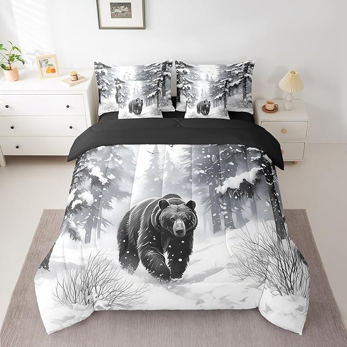Erosebridal Twin Size Black Bear in Winter Bedding, 7Pcs Merry Christmas Comforter Set for Boys Girls Rustic Farm Animal Print Bed Sets Winter Snowflake Wild Black Bear Bedroom Comforter with Sheets