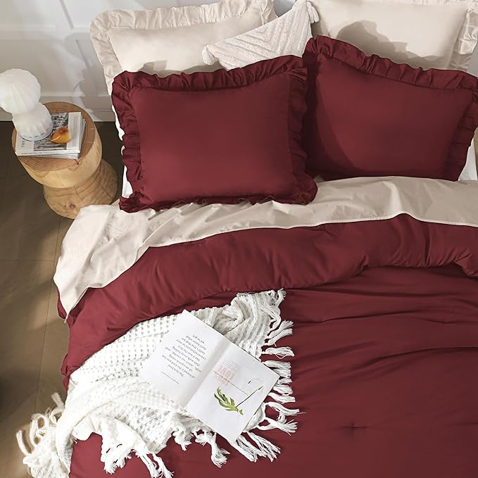 Andency Oversized King Ruffle Comforter Set 120x120, 3 Pieces Burgundy Lightweight Fluffy Super King Bedding Set, Shabby Chic Famhouse All Season Bed Set for Girls Women