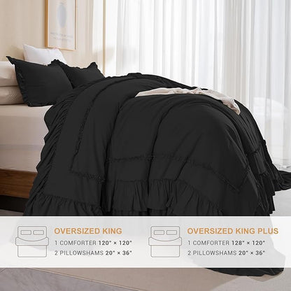 Masaca Oversized King Comforter 128x120,Shabby Boho Chic Farmhouse Bedding Comforter with Ruffles Vintage Soft French Country Bedding Set Lightweight Black Ruffled Extra Large King Comforter 3 Pcs