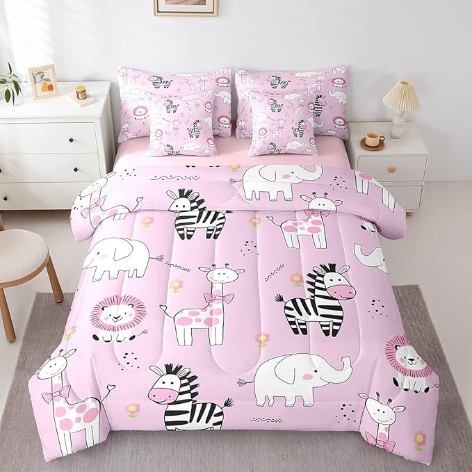 jejeloiu Pink Zoo Animals 7 Piece Bedding Set Full Size Cartoon Cute Comforter Set with Sheets for Kids Boys Girls Giraffe Lion Zebra Elephant Bed in a Bag Flower Bed Set
