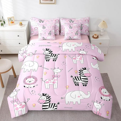 jejeloiu Pink Zoo Animals 7 Piece Bedding Set King Size Cartoon Cute Comforter Set with Sheets for Kids Boys Girls Giraffe Lion Zebra Elephant Bed in a Bag Flower Bed Set