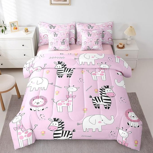 jejeloiu Pink Zoo Animals 7 Piece Bedding Set King Size Cartoon Cute Comforter Set with Sheets for Kids Boys Girls Giraffe Lion Zebra Elephant Bed in a Bag Flower Bed Set