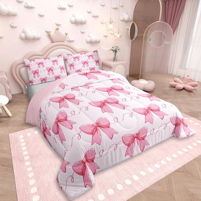 Erosebridal Bowknot Down Comforter King Size, Dreamy Princess Style Comforter Set for Girls Women Bedroom Decor, Cute Bow Tie Bedding Set Pink Girly Kawaii Quilt for All Season