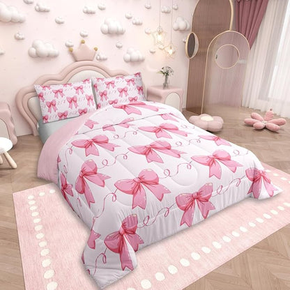 Erosebridal Bowknot Down Comforter Queen Size, Dreamy Princess Style Comforter Set for Girls Women Bedroom Decor, Cute Bow Tie Bedding Set Pink Girly Kawaii Quilt for All Season