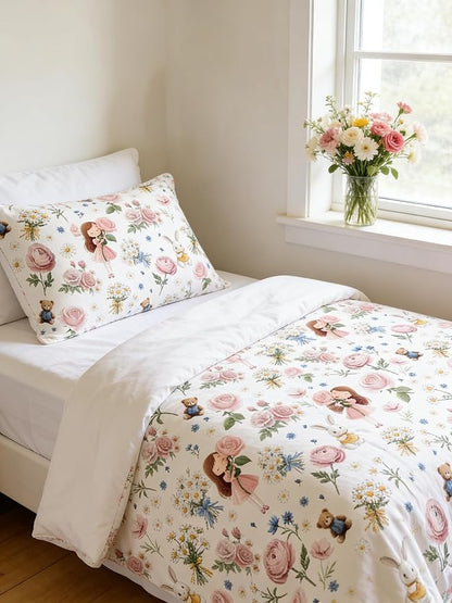 Kids Priness Comforter Set Twin for Girls, 2Pcs Pink Botanical Rose Bedding for Kids Kawaii Bedroom Decor, Cute Girly Rabbit Bear Comforter Set with 1 Pillowcase, 68"x86"