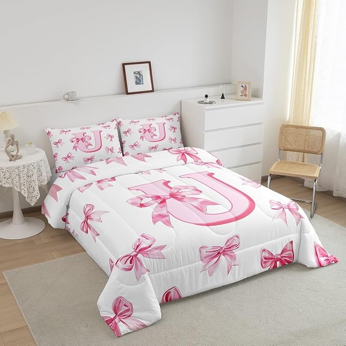 Erosebridal Cute Pink Bow Comforter Set Twin Princess Style Bowknot Girls Bedding Set Initial Letter U Bedding Comforter Sets Girly Kawaii Alphabet Bow Quilt Duvet for Kids Teen Women