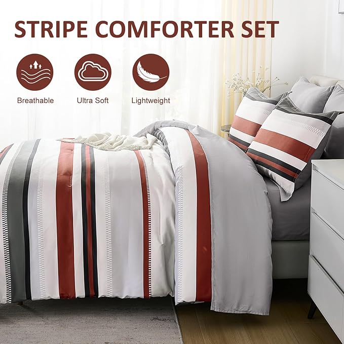 WONGS BEDDING Comforter King Size,Red Comforter Set King, 7 Pieces Bed in a Bag Soft Micorfiber Striped Bedding Set with Comforter, Flat Sheet, Fitted Sheet, Pillow Shams, Pillowcase