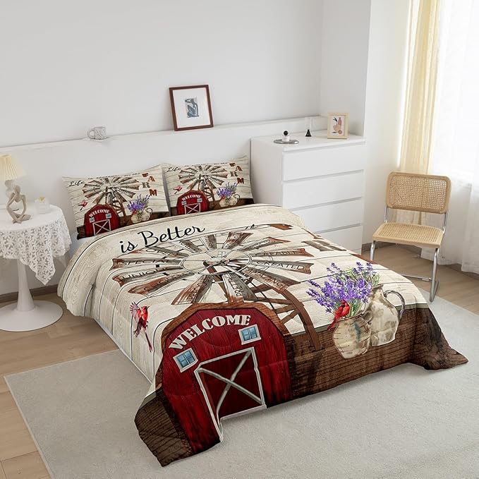 Erosebridal Western Farmhouse Quilt Bedding Sets Twin Country Rustic Comforter Set for Cabin Lodge Cardinal Barn Lavender Windmill Duvet Insert Pastoral Rural Comforter 1 Pillow Case Home Room Decor