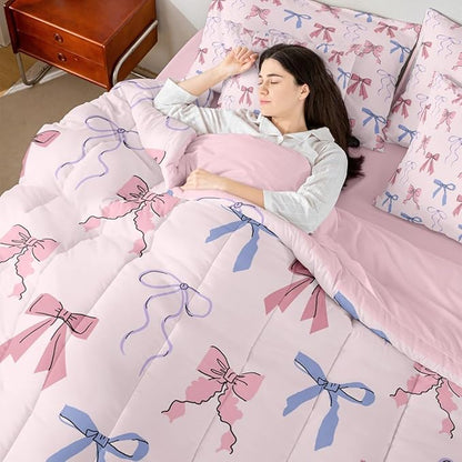 Erosebridal Ribbon King Comforter Set Bowknot 7-Piece Bed in A Bag Fairy Kawaii Sweet Bow Dreamy Sheets and Pillowcases Pink Blue Bed Sets