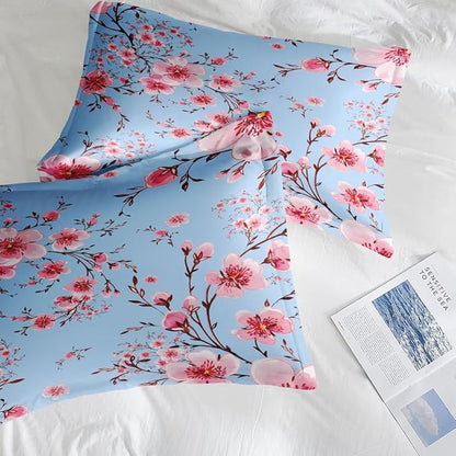 Comforter Set Queen Size, Cherry Floral Flower 3 Pcs Soft Bedding Set for Kids and Adults, Summer Vintage Tree Comforter Set with 2 Pillowcases, for Bedroom Bed Decor