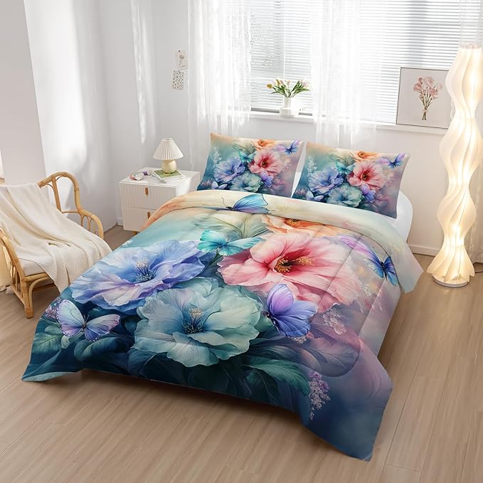 Colorful Flower Comforter Set Full Size 3 PCS Bed in a Bag,Cute Floral Butterfly Bedding Set for Girls Teens,Ultra Soft Microfiber Comforter Bed Set with 3-Pieces, Floral Bedroom Decor