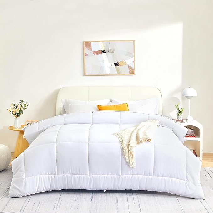 SLEEP ZONE Queen Size Comforter Set Duvet Insert, Down Alternative Reversible Comforter, Lightweight, Soft and Breathable Bedding All Season, Square Quilting White