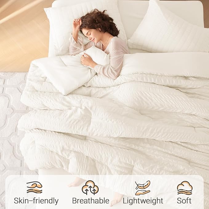 MUXHOMO 7 Pieces Full Comforter Set, Seersucker Bed in a Bag Full Size, All Season Luxury Bedding Set with Comforter, Flat Sheet, Fitted Sheet, Pillowcases & Shams, Ivory