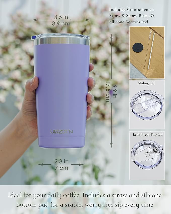 Travel Coffee Tumbler 20oz, Leakproof Travel Coffee Mug with Dual Lids and Straw, Stainless Steel Double Wall Vacuum Insulated Tumbler for Hot/Iced Drinks (Periwinkle, Textured Matte)