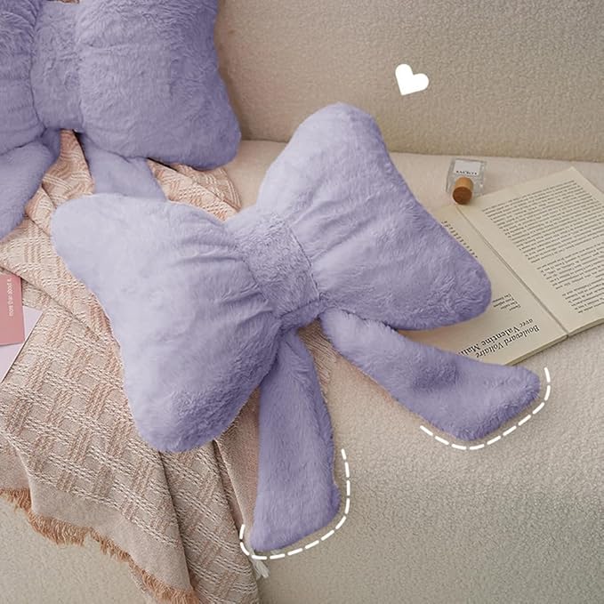 2Pack Soft Furry Bow Throw Pillows Cute Bowknot Plush Pillow Home Decor Stuffed Bow Lumbar Pillow for Bed Couch Living Room Decor (Purple)