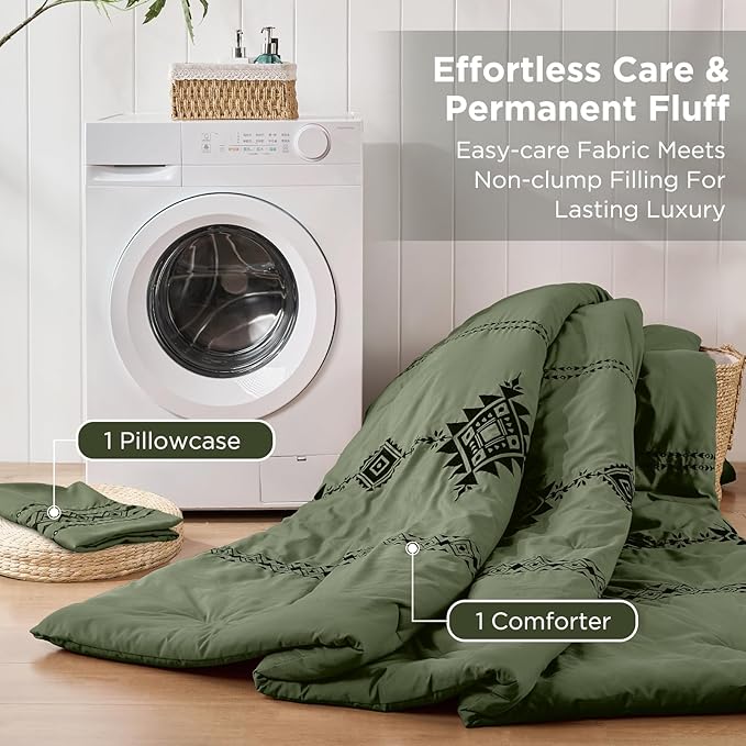 Embroidered Boho Comforter Set Twin Size, 2-Piece Western Shabby Chic Bedding Sets - Fluffy Ultra Soft Microfiber with Intricate Design, Includes Green Comforter(68"x88") & 1 Pillowcase