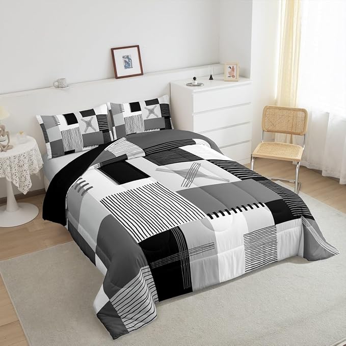 Erosebridal Black White Grey Comforter Set Toddler Gray Abstract Bedding Set for Kids Boys Adults Men Geometric Square Quilt Grids Checkered Duvet Insert Modern Fashion Room Decor 2 Pcs
