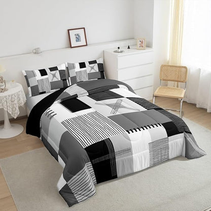 Erosebridal Black White Grey Comforter Set Toddler Gray Abstract Bedding Set for Kids Boys Adults Men Geometric Square Quilt Grids Checkered Duvet Insert Modern Fashion Room Decor 2 Pcs