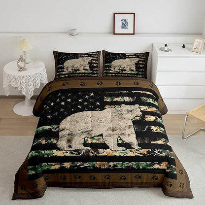 Feelyou Gray Bear Bedding Set Wild Animal Comforter Set for Kids Boys Girls Camo Tree Branches Comforter American Flag Quilt Set with 1 Pillowcase 2Pcs Bedding Toddler
