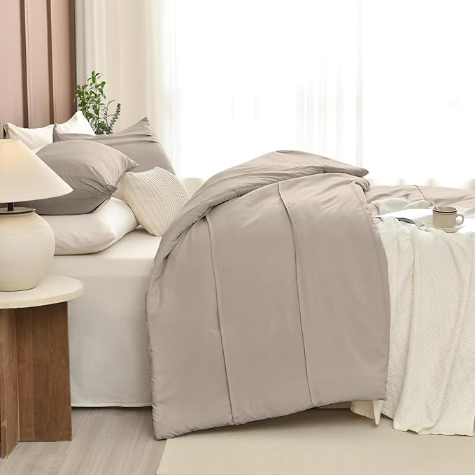 Masaca Oversized King Comforter 128x120,Linen Like Textured Pinch Pleated Bedding Comforter Set,3Pcs Extra Large King Size Solid Color Comforter Sets Vintage Farmhouse Bedding Set Ultra Soft