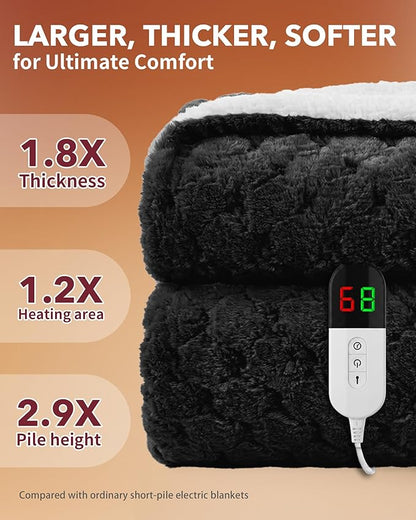 Homemate Heated Blanket Electric Throw - 50"x60" Heating Blanket Throw 4 Hours Auto-Off 10 Heat Levels Over-Heat Protection Luxury 800 GSM Faux Fur 200 GSM Sherpa ETL Certification