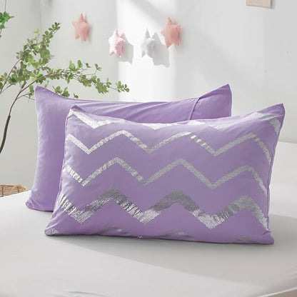 Menghomeus Purple/Silver Comforter Set Twin XL Lavender Metallic Print Glitter Bed Comforter Cute Shinny Bedding for Teen Girls Kids Women
