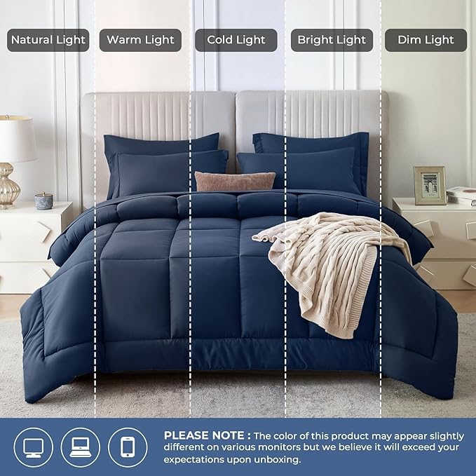 Sasttie King Size Comforter Set, 7 Pieces Bed in a Bag King, Complete Bedding Set Includes Comforter, Flat Sheet, Fitted Sheet, Pillowcases and Pillow Shams, Navy