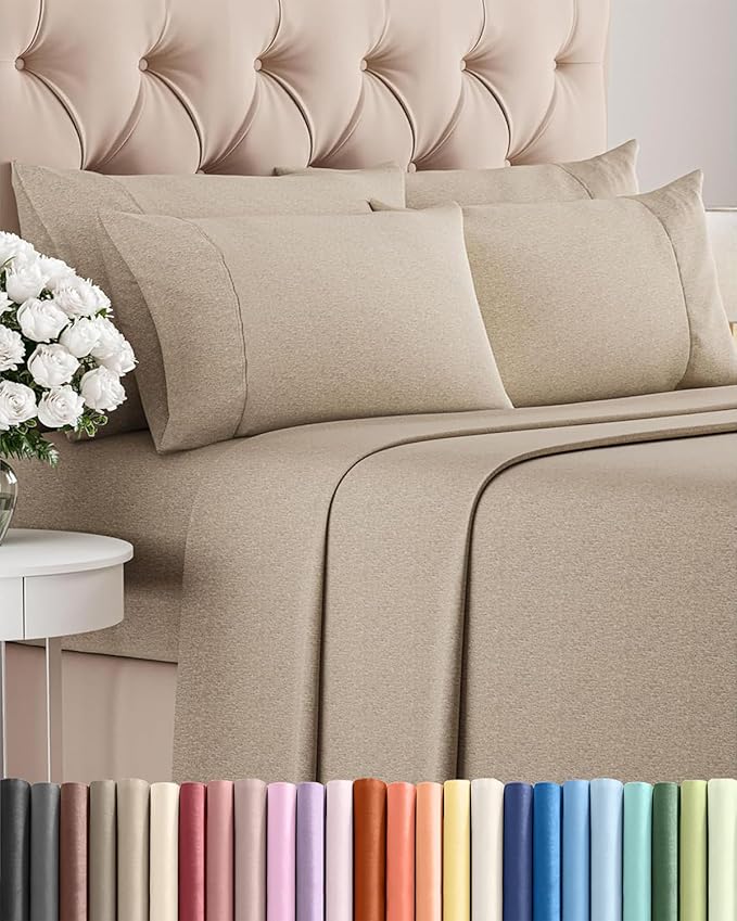 Queen 6 Piece Sheet Set - Comfy Breathable & Cooling - Soft Hotel Luxury Bedding Set with 8-16 Inch Deep Pockets - 1 Flat & 1 Fitted Sheet & 4 Pillowcases - Wrinkle Free & Easy Care - Heathered Beige