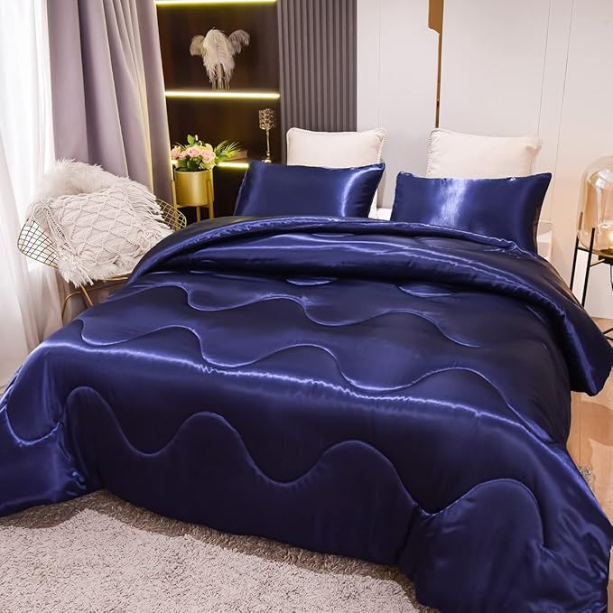NTBED Silky Satin Comforter Set Queen Dark Blue, Soft Lightweight Microfiber Luxury Sexy Quilted Bedding Sets with 2 Matching Pillow Covers for Summer Spring Autumn