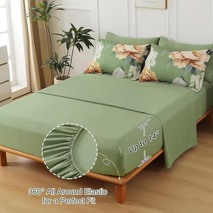 Dobuyly King Size Comforter Set 7 Piece Bed in a Bag, Olive Green Floral Comforter Set with Sheets, Soft Microfiber Botanical Flower Bedding Set for All Season