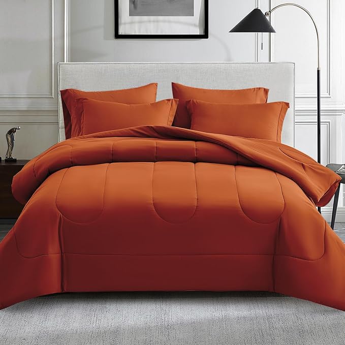 Maple&Stone Twin Comforter Set 5 Pieces Bed in a Bag - Down Alternative Bed Set with Sheets, Pillowcase & Sham, Soft Reversible Duvet Insert for Twin Bed, Burnt Orange