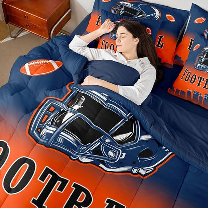 Erosebridal American Soccer Twin Boys 7 Pcs Bedding Set Sports Rugby Blue Orange Comforter Set with Sheets for Kids Teen Adults,Football City Bed in A Bag Ball Sports City Silhouette Bed Set