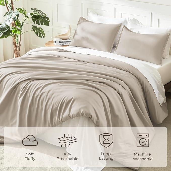 Litanika Comforters Oatmeal Oversized Queen Size, 3 Pieces Lightweight Solid Bedding Comforter Set, All Season Fluffy Bed Set (98x98In Comforter & 2 Pillowcases)