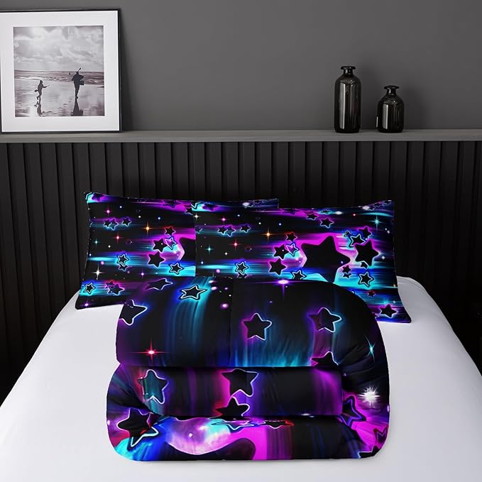 Colorful Sky Meteor Stars Comforter Set Queen Size,Beautiful Galaxy Bedding Sets 3-Pieces for Boys Girls Teen Room Decorat, Soft Lightweight Bed Set with Comforter 2 Pillowcases