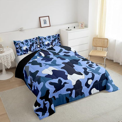 Erosebridal Camo Comforter Set Toddler Size Duck Hunter Bedding for Kids Boys Men Army Camouflage Hunting Bedding Comforter Sets Vintage Blue Black Room Decor Wild Animal Duck Rustic Duvet Insert