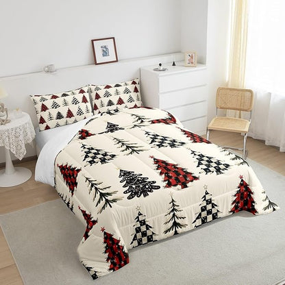 Christmas Tree Comforter Set Queen Size,Red White Black Grid Patchwork Bedding Set,Snowflake Xmas Tree Quilt Set for Kids Girls Boys Teens Room Decor,Rustic Beige Duvet Insert,2 Pillowcases