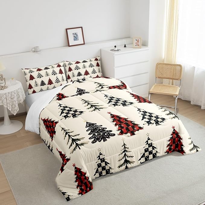 Christmas Tree Bedding Set Full Size,Red White Black Grid Patchwork Comforter Set,Snowflake Xmas Tree Quilt Set for Kids Girls Boys Teens Room Decor,Rustic Beige Duvet Insert,2 Pillowcases
