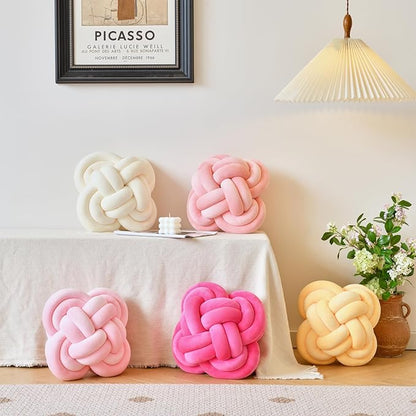 Xuyier Knot Pillow Ball, Decorative Throw Pillows with Velvet Fabric for Couch Bed, 12" Decor Knotted Square Floor Pillow Cushions for Living Room (12 Inches, Coral Pink)