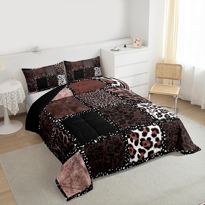 Erosebridal Brown Leopard Print Queen Comforter Set for Kids Teens Adults,Animal Skin Texture Bedding Set,Patchwork Geometric Duvet Insert,Farmhouse Bed Set for All Season