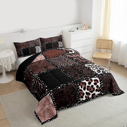 Erosebridal Brown Leopard Print Queen Comforter Set for Kids Teens Adults,Animal Skin Texture Bedding Set,Patchwork Geometric Duvet Insert,Farmhouse Bed Set for All Season