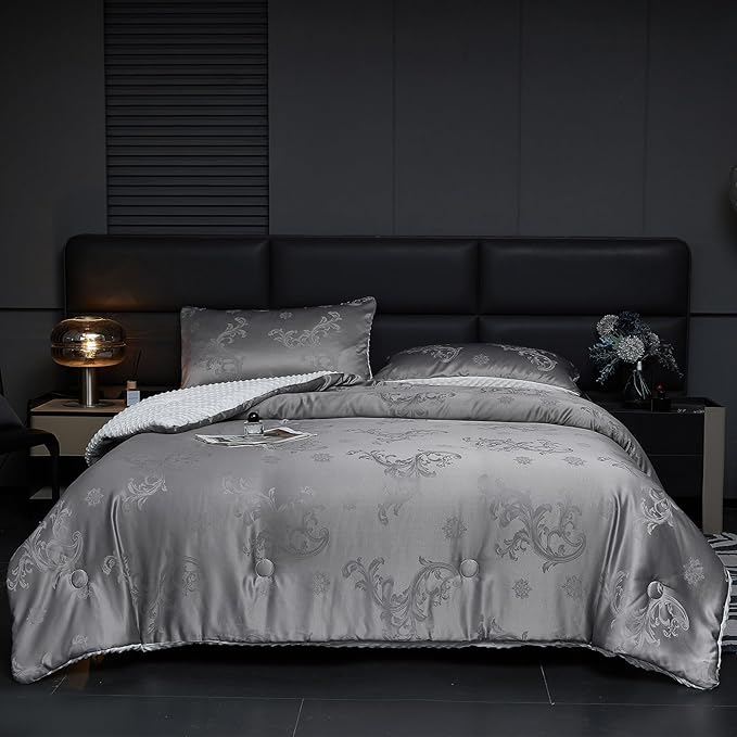 Jacquard Comforter Set - Luxury Warm Paisley Floral Pattern Twin Size Bedding with 1 Pillowcase All-Season Soft & Lightweight 3D Bubble Design Bed Set (68x90 Inches Grey)