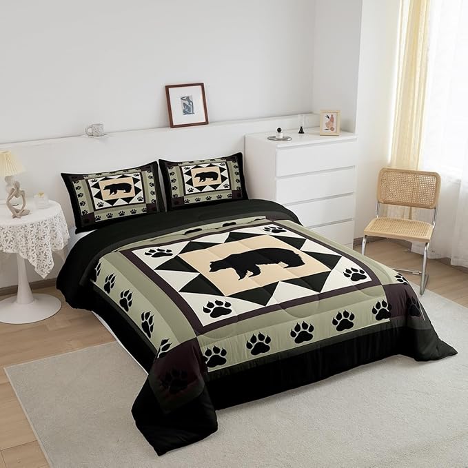 Feelyou Western Rustic Bear Print King Size Comforter Set,Wild Animal Hunting Theme Bedding Comforters Bedroom Collection, Rustic Cabin Country Decor Bedding Set for Girls Teens with 2 Pillowcases